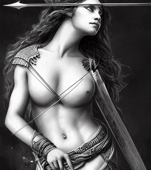 Image similar to beautiful young aphrodite goddess as an archer warrior, realistic face, beautiful eyes, black and white drawing, in the style of greg rutkowski, fantasy, amazing detail, epic, intricate, elegant, smooth, sharp focus