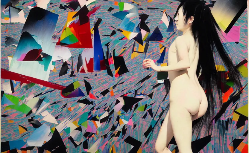 Image similar to decollage painting young japanese actress running from the pursue and struggling in a ruined city by adrian ghenie and takato yamamoto and edward hopper and mark ryden and tsutomu nihei, part by bridget riley, acrylic pour and splashing paint, very coherent, baroque elements, perfect anatomy, intricate design. pop art.