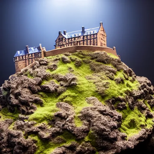 Image similar to sculpture of Edinburgh castle on a seamount deep underwater, hyper realistic, very very detailed, moody lighting, from zenith, Canon 5d, 8k