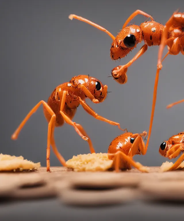 Image similar to high quality presentation photo of cute anthropomorphic ants eating crumbs, photography 4k f1.8 anamorphic bokeh 4k Canon Nikon