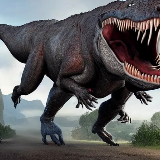 Image similar to A realistic photo of a mixture of Human and Tyrannosaurus, hyper-realistic, 8K HDR.