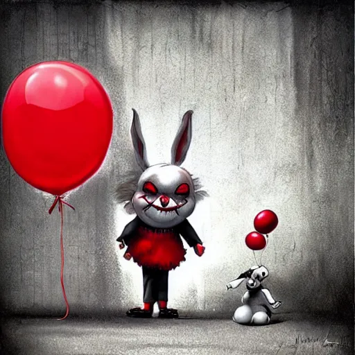 Prompt: grunge cartoon painting of a cartoon bunny and a red balloon by - michal karcz, loony toons style, pennywise style, horror theme, detailed, elegant, intricate