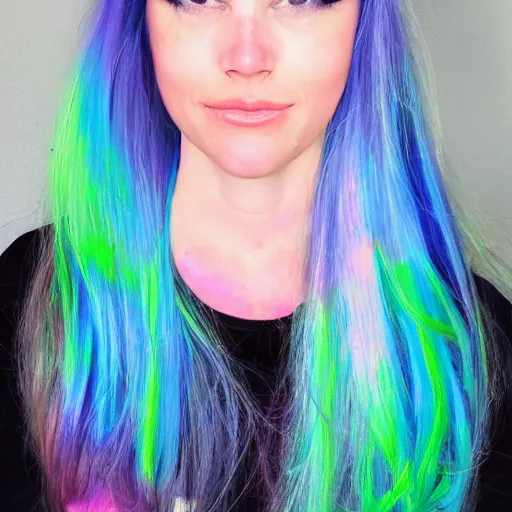 Prompt: a half painting half photo of a woman with iridescent hair