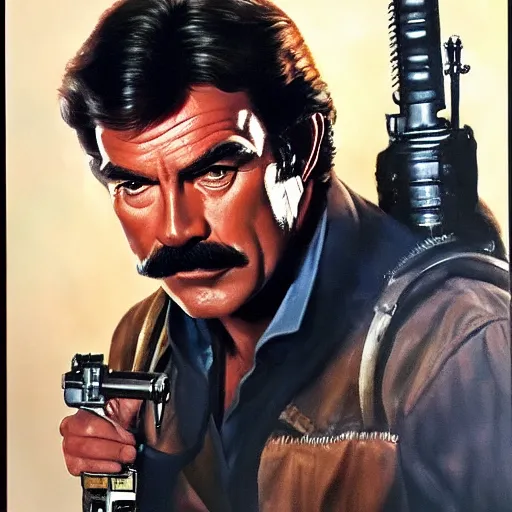 Prompt: ultra realistic portrait painting of tom selleck as han solo, art by frank frazetta, 4 k, ultra realistic, highly detailed, epic lighting