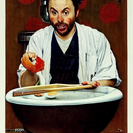 Image similar to Charlie Day eating sushi out of a white toilet bowl, Norman Rockwell,