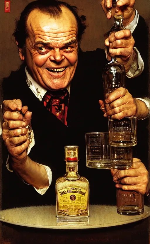 Image similar to illustration of a bottle of whiskey with jack nicholson inside, by norman rockwell, roberto ferri, daniel gerhartz, edd cartier, jack kirby, howard brown, ruan jia, tom lovell, jacob collins, dean cornwell