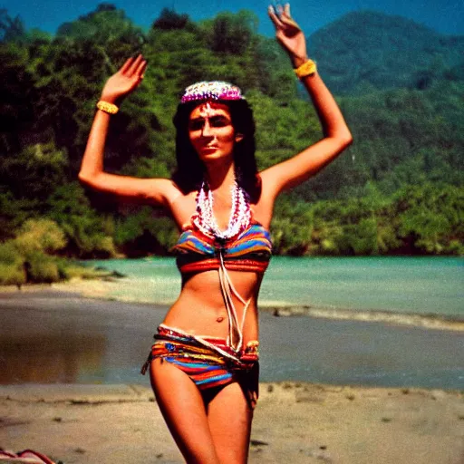 Image similar to expired fuji film photograph portrait of retro psychedelic hippy bikini queen dancing in arambol at shiva valley from 1 9 8 0, hyperrealism, photorealism, imax quality, 8 k