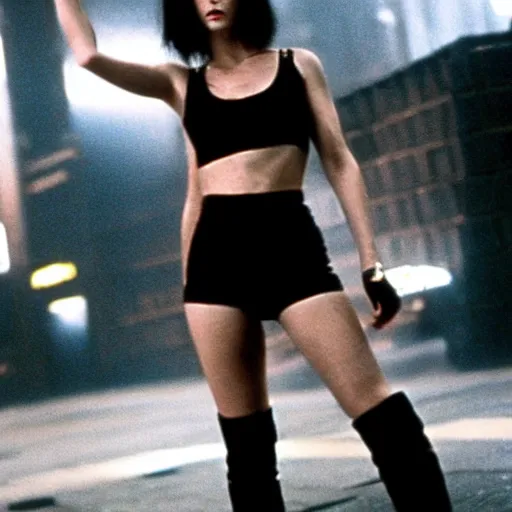 Prompt: jennifer connely by stanley kubrick, sexy black shorts, wearing black boots, wearing a cropped top, blade runner, highly detailed, movie still, intense, cyberpunk, hq