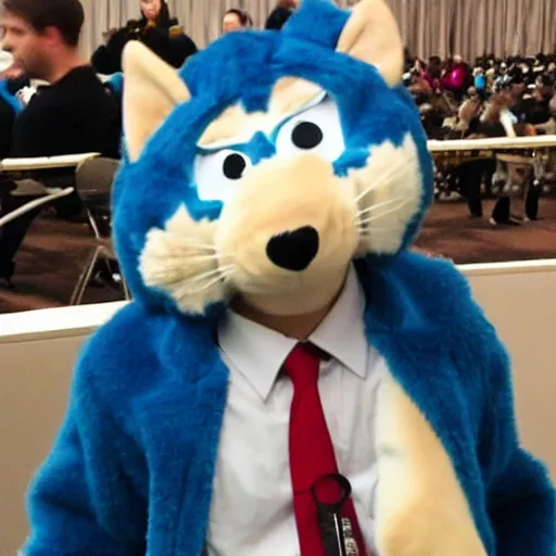 Image similar to Ben Shapiro wearing a fursuit at a furry convention