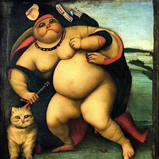 Image similar to fat cat superhero, Renaissance painting