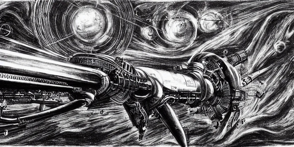 Image similar to atompunk space ship sailing the infinite cosmos, grand scale, raygun gothic style, astrophysics, mathematical drawing, painting by h. r. giger