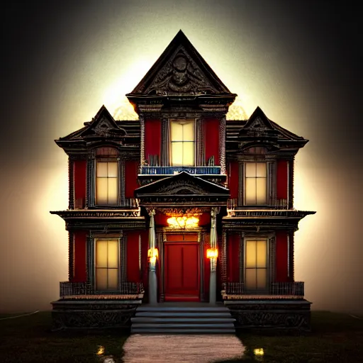 Image similar to A photorealistic 3d render of Invincible Mark Grayson, Volume, Full, ominous, magical realism, texture, intricate, ornate, royally decorated, android format, windows, many doors, roofs, complete house , whirling smoke, embers, red adornments, red torn fabric, radiant colors, fantasy, trending on artstation, volumetric lighting, micro details, 3d sculpture, ray tracing, 8k