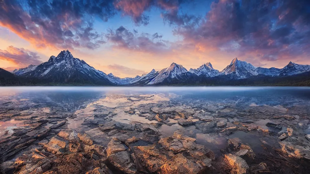 Image similar to amazing landscape photo of mountains with lake in sunset by marc adamus, beautiful dramatic lighting