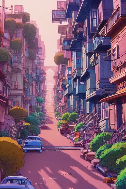 Image similar to still from studio ghibli movie'alone in san francisco'; very detailed, focused, colorful, antoine pierre mongin, trending on artstation ; 8 k ;