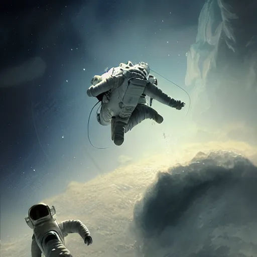 Prompt: astronaut falling through the clouds in jupiter, by cedric peyravernay, highly detailed, excellent composition, cinematic concept art, dramatic lighting, trending on artstation