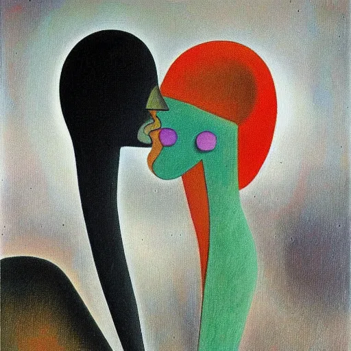 Prompt: Oil painting by Yves Tanguy. Strange mechanical beings kissing. Close-up portrait by Lisa Yuskavage. Paul Klee.