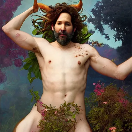 Prompt: ultrarealistic Painting of ethereal Paul Rudd as Satyr, full body repose, calm, 4k digital masterpiece by Jana Brike and Anna Dittman and Alberto Seveso Ruan Jia, rossdraws and alphonse mucha and loish and WLOP, fantasycore, Hyperdetailed, realistic digital painting, soft lighting, featured on Artstation