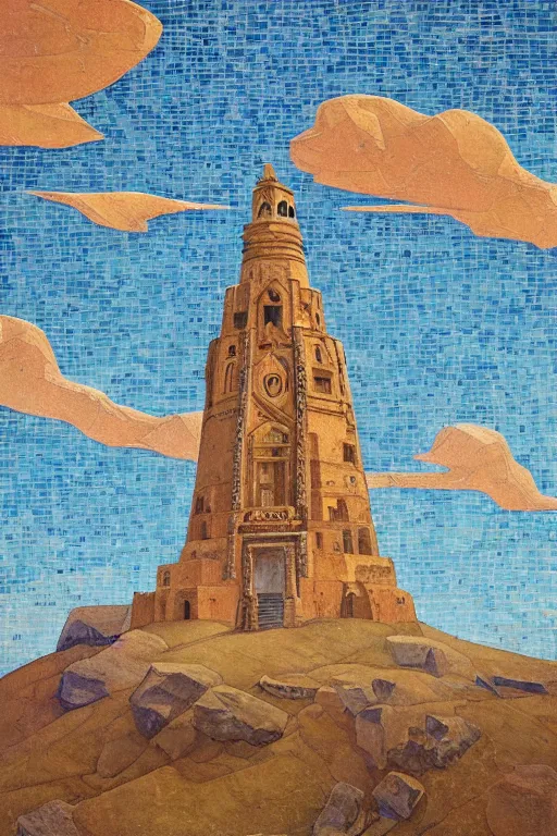 Image similar to painted tower of the moon, by Sylvain Sarrailh and Nicholas Roerich and Annie Swynnerton, dramatic cinematic lighting , beautiful tilework mosaics, ornate architecture, sacred artifacts, lost civilizations, smooth, sharp focus, extremely detailed