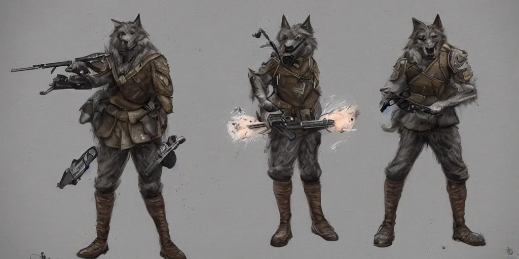 Image similar to Full body concept art of A High fantasy WW1 werewolf firing a enchanted heavy shotgun trending on artstation deviantart Pinterest detailed High Resolution HD 8k