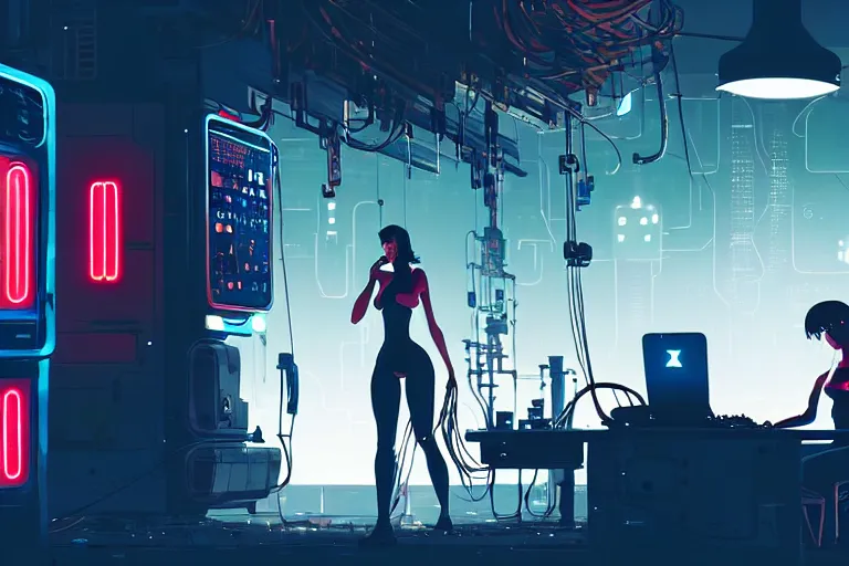 Prompt: closeup of sexy girl working in a vast robot repair shop, a broken android is laying on the ground, computer screens, dark cables hanging from ceiling , sci-fi vending machine, illustration by pascal campion, ghibli style, dynamic lighting, glowing lights, neons, science fiction, 2077, cyberpunk