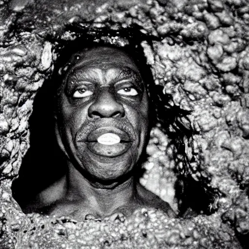 Image similar to photo inside a cavern of a wet reptilian humanoid sun ra partially hidden behind a rock, with black eyes, open mouth and big teeth