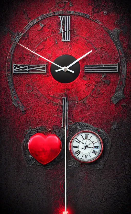 Image similar to a melting Roman numeral clock, behind a red and black gradient background, awith a black heart shaped on the top left corner and a black diamond card shape in the bottom right corner, dynamic lighting, photorealistic fantasy concept art, trending on art station, stunning visuals, cinematic, creative, ultra detailed