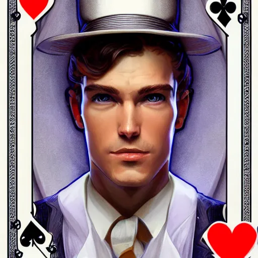 Prompt: character concept portrait, symmetrical head-on centralized, Young man with white formal suit white hat and playing cards. Detailed, high quality, dynamic lightning, fantasy, scenematic. Artwork by Artgerm, WLOP, Alex Ross, Greg Rutknowski, Alphonse Mucha