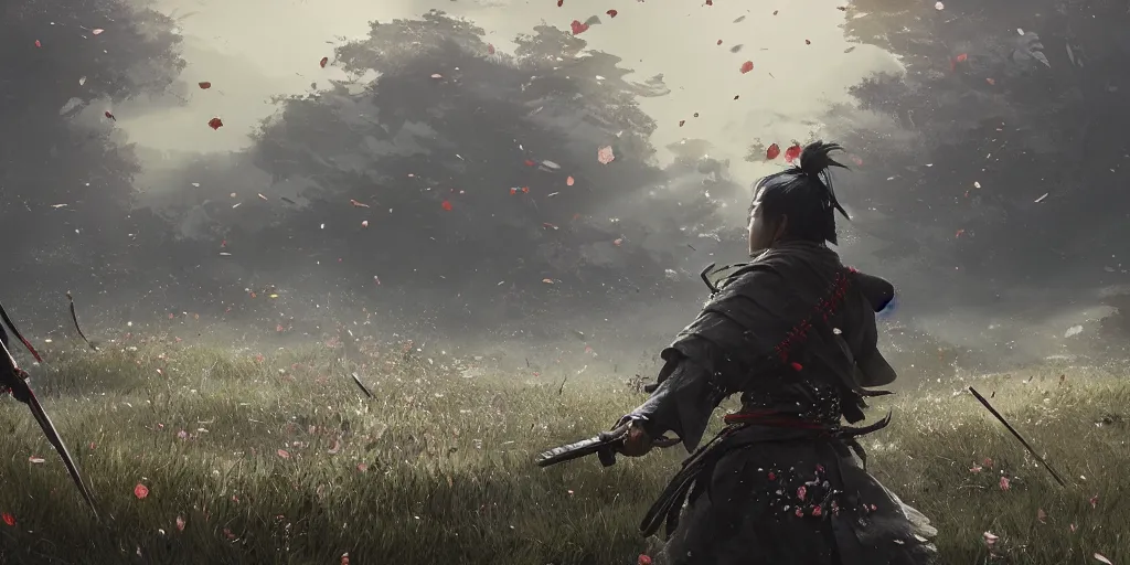 Prompt: an environmental concept art of ghost of tsushima, samurai duel, sakura petals blowing in the wind, highly detailed, environmental light, cinematic by francis tneh