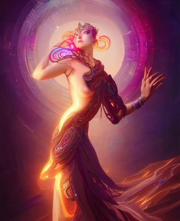 Image similar to a whirlwind of souls rushing inside the metaverse, half body, glowin eyes, tiara with sapphire, pharaoh, android, cyberpunk, d & d, fantasy, intricate, elegant, highly detailed, colorful, vivid color, digital painting, artstation, concept art, art by artgerm and greg rutkowski and alphonse mucha and ruan jia