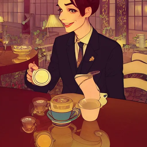 Image similar to a weasel in a suit was drinking tea, surrounded by tea houses ambient lighting, 4 k, lois van baarle, ilya kuvshinov, rossdraws, alphonse mucha, jung gi kim, artstation