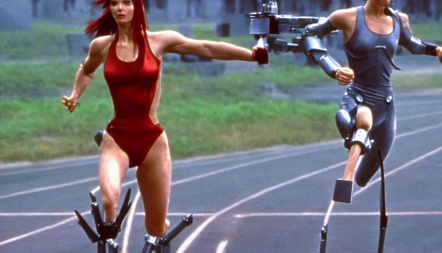Image similar to The matrix, LeeLoo, Starship Troopers, Katniss Everdeen, 1960's Olympics footage, hurdlers in a race with robotic legs, intense moment, cinematic stillframe, backlit, The fifth element, vintage robotics, formula 1, starring Geena Davis, clean lighting
