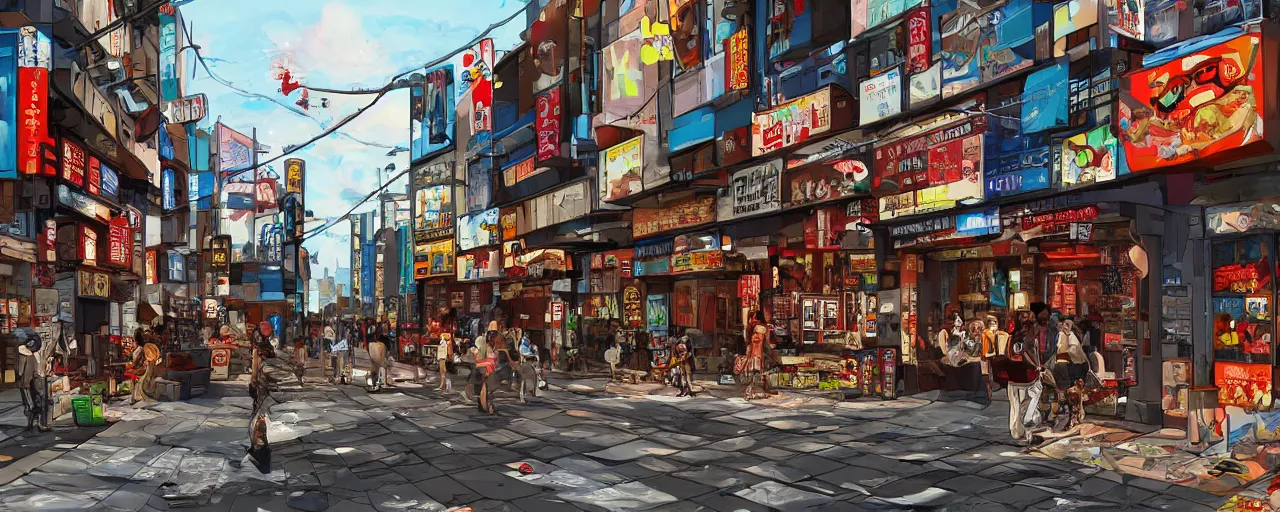 Prompt: Tokyo storefronts with no people graffiti treasure town comics illustration digital art painting artstation depth global illumination GI AAA SSS