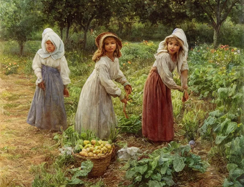 Prompt: 3 peasant girl picking vegetables from garden, cottage core, cinematic focus, polaroid photo bleached vintage pastel colors high - key lighting, soft lights, foggy, by steve hanks, by lisa yuskavage, by serov valentin, by tarkovsky, 8 k render, detailed, oil on canvas