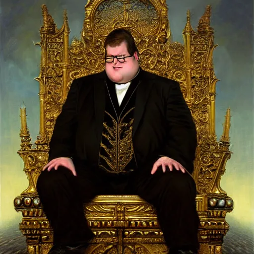 Image similar to perfectly centered portrait of peter griffin in gold gothic robe sitting on a throne of black bones, highly detailed painting by gaston bussiere, craig mullins, j. c. leyendecker, 8 k, mid shot