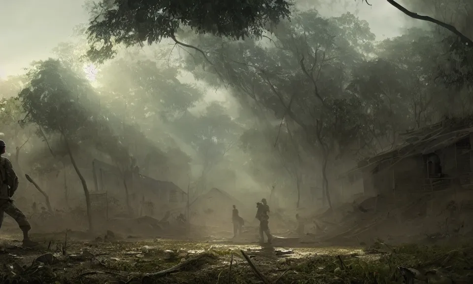 Image similar to Futuristic matte painting of a US soldier in the Vietnam War walking through an abandoned Vietcong village, volumetric light scattering, highly detailed, digital art, Andreas Rocha, Greg Rutkowski, Darek Zabrocki, ArtStation, CGSociety, Unreal Engine, 4K, 8K