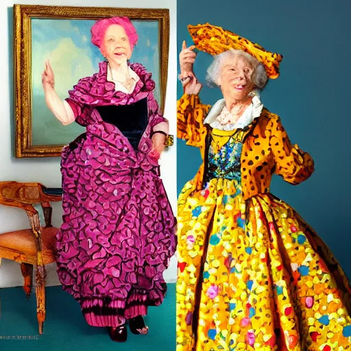 Prompt: elderly woman dressed in extremely colorful clothes with many strange patterns posing for a high fashion photoshoot, haute couture, golden hour, artstation, by J. C. Leyendecker and Peter Paul Rubens