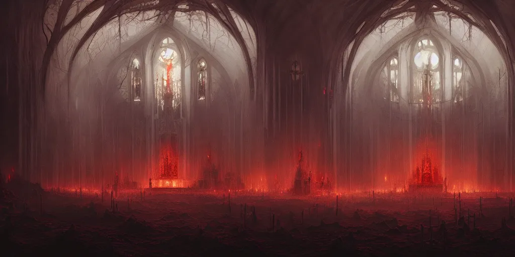 Prompt: breathtaking detailed concept art painting of a dark ritual church in hell, by hsiao - ron cheng, bizarre compositions, exquisite detail, extremely moody lighting, 8 k