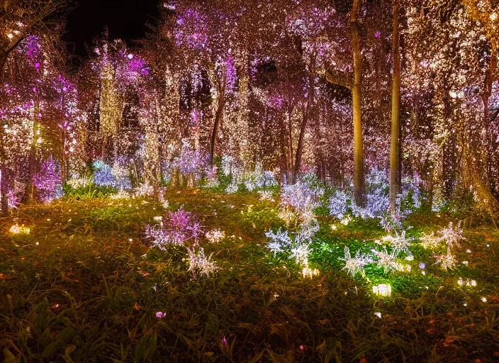 Image similar to a magical forest with crystal flowers that glow in the dusk,