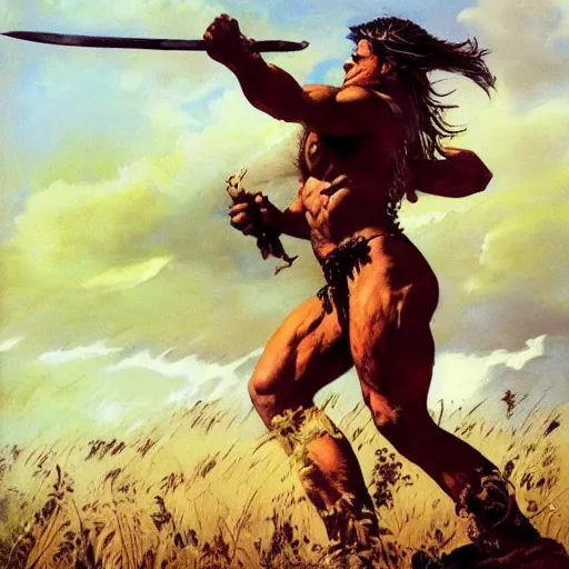 Prompt: a beautiful picture of a barbarian in a field by Frank Frazetta, trending on Artstation