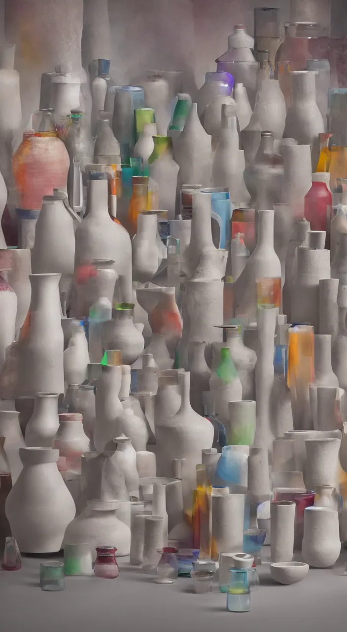 Prompt: an alchemical laboratory of vapour voices made from ceramic vessels, air flow, clay, no humans, clay pipes, 8 k, unreal, high resolution, vivid colours,