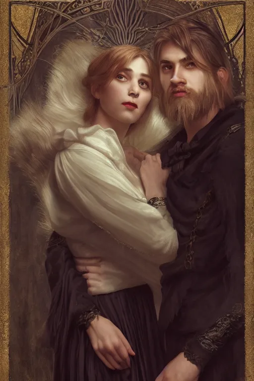 Prompt: a portrait of handsome young male nordic Satan and his elegant beautiful nordic witch wife, bored, illustration, dramatic lighting, soft details, painting oil on canvas, art nouveau, octane render, HDR, 4k, 8k, HD, by Edmund Blair Leighton, Brom, Charlie Bowater, trending on artstation, faces by Tom Bagshaw, Sargent