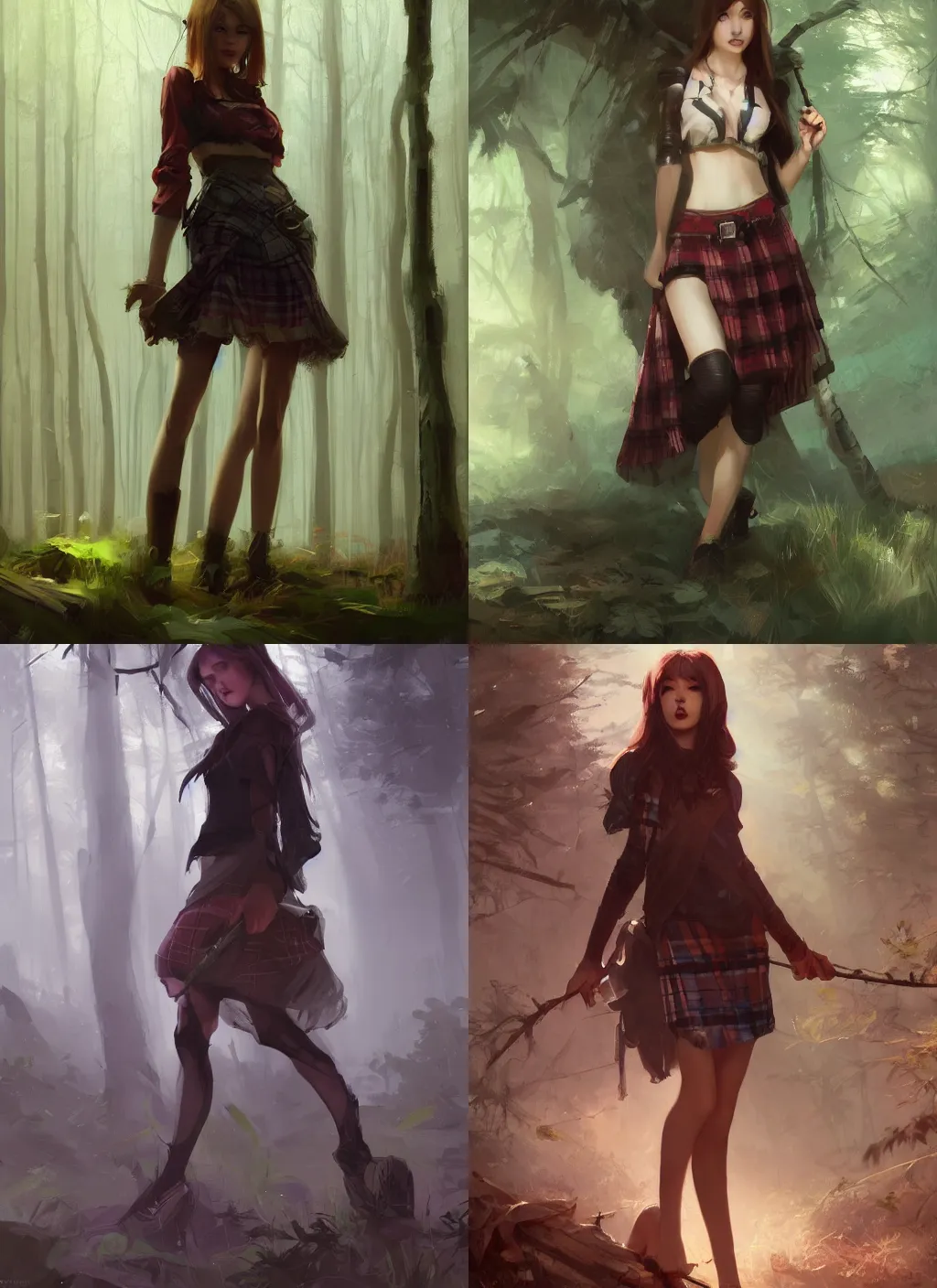 Prompt: beautiful woman in plaid miniskirt standing in a dark forest, rpg character art, by wenjun lin, by jeremy lipking, by greg rutkowski, digital drawing, gorgeous face, octane render, trending on artstation