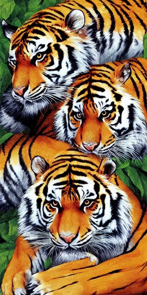 Prompt: sticker sheet, love, 2 beautiful siberian tigers, by tran nguyen, warm colors, cozy