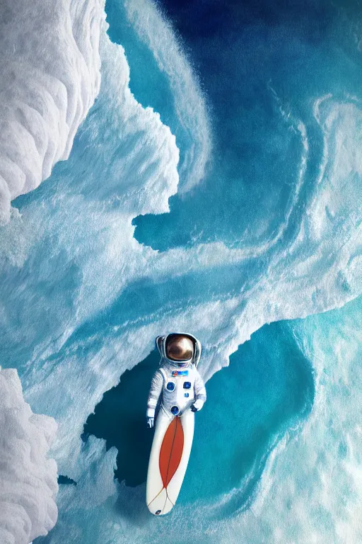 Prompt: a beautiful digital painting of an astronaut in a white and royal blue luxurious space suit surfing the great wave on a mecha surfboard at Pamukkale, thermal waters flowing down white travertine terraces by greg rutkowski, photorealistic, trending on artstation, highly detailed, intricate, unreal engine, octane render