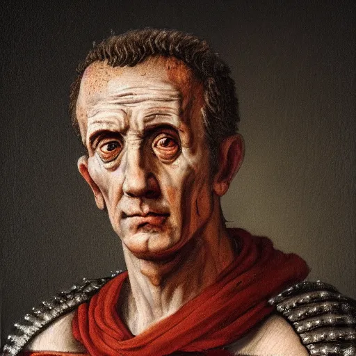 Prompt: A 17th century Baroque Painting of Julius Caesar, portrait of Julius Caesar, grainy, realistic, very realistic, hyperrealistic, highly detailed, very detailed, extremely detailed, very neat, very epic, very cool, detailed, trending on artstation