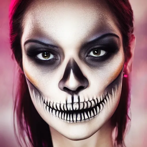 Prompt: closeup portrait photo of a stunning beautiful lady with skull makeup, wetting her lips with her tongue, 3D render,subsurface scattering,global illumination,raytracing,studio lighting,optical lens flare fx,bokeh,cinematic,photorealistic,photography by Helmut Newton, Sigma 85mm f/1.4, HDR, UHD, 4K