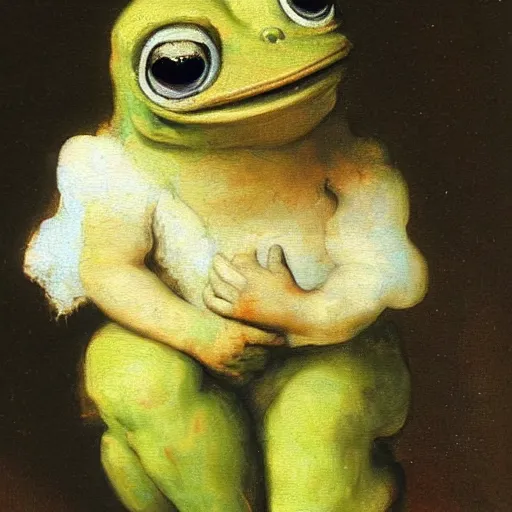 Prompt: pepe the frog as an angel, oil painting by Rembrandt -6