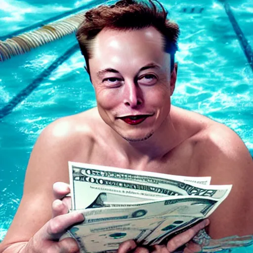 Image similar to Photography of elon musk swimming in a pool with a lot of dollars bills all around him