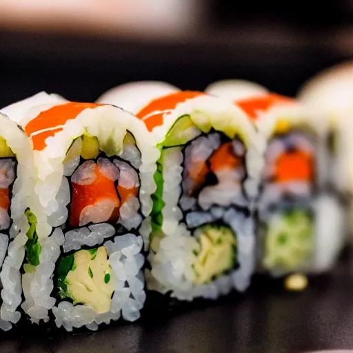 Image similar to close up photography of delicious sushi roll, detailed, photorealistic