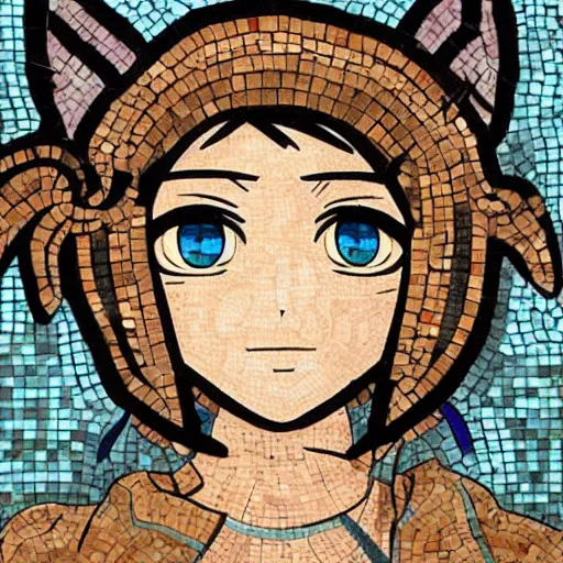 Prompt: roman mosaic of an anime girl with cat ears